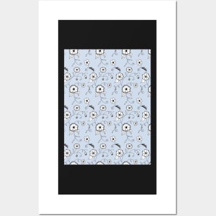 Whimsical flower pattern with a light blue background Posters and Art